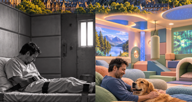 Illustration combining Edinburgh and the Scottish flag with a contrast between a restrained person in an institutional room and a calmer protected environment where a person sits with a dog beside an Autistan disk.