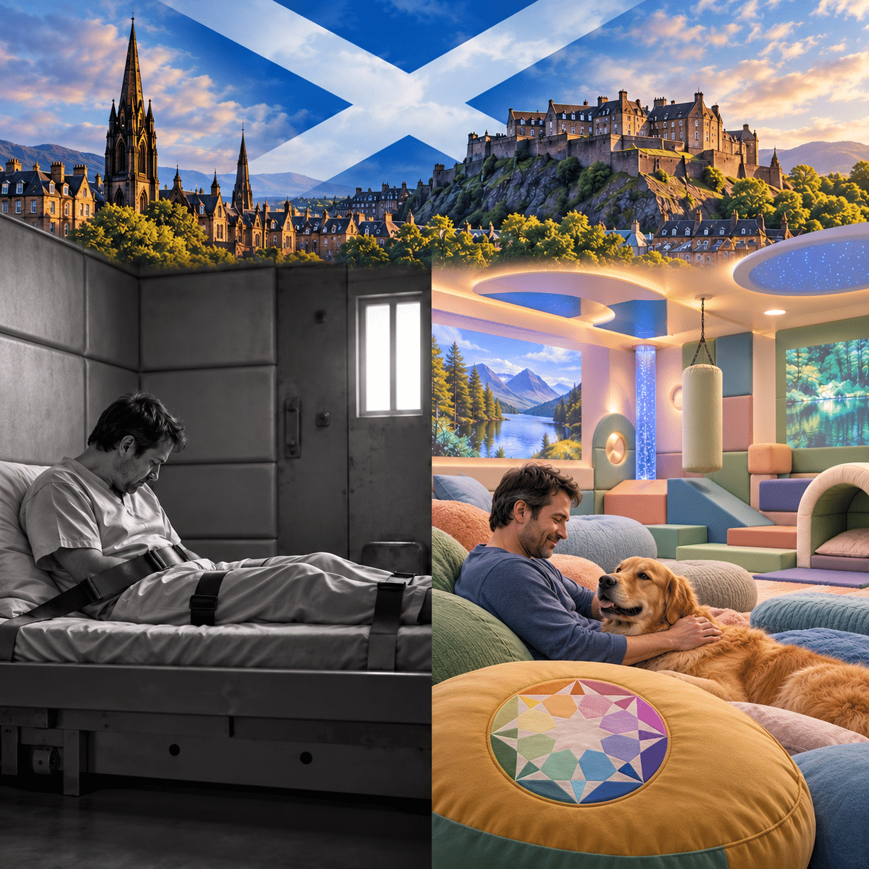 Illustration combining Edinburgh and the Scottish flag with a contrast between a restrained person in a stark institutional room and a calm sensory environment where a person sits with a dog beside an Autistan disk.